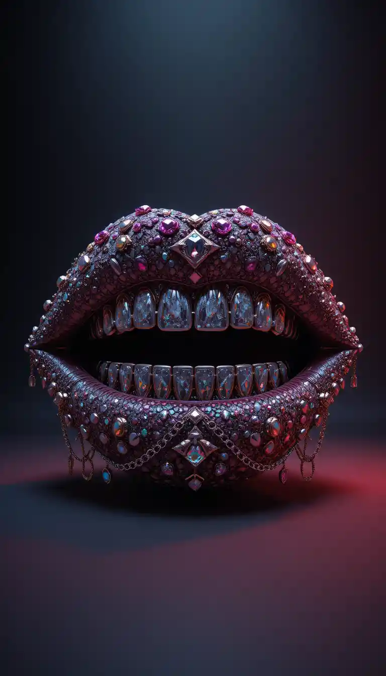 Sculpture luxueuse de lèvres serties de bijoux sur fond sombre de studio