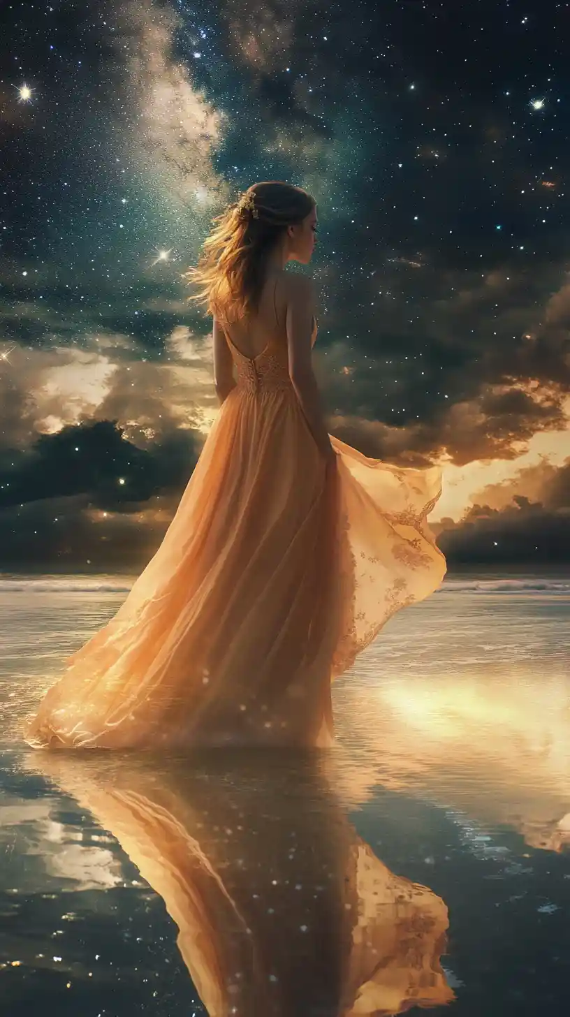 Femme en robe abricot sur une plage étoilée et paisible