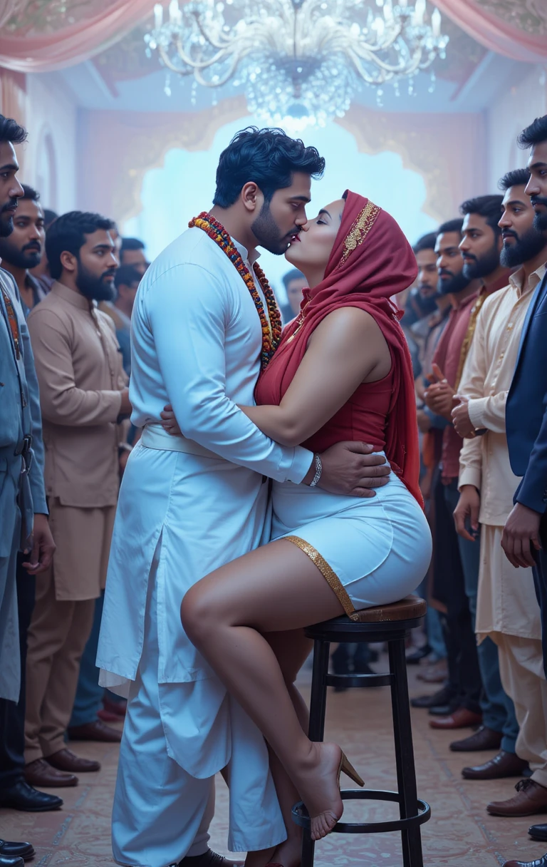 Romantic couple kissing closely in a bright crowded interior