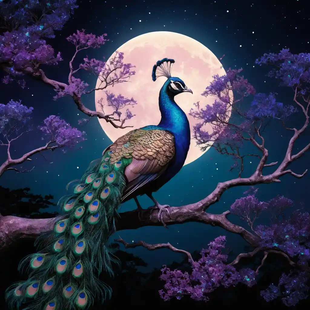 Pavão iridescente em uma árvore escura sob a lua