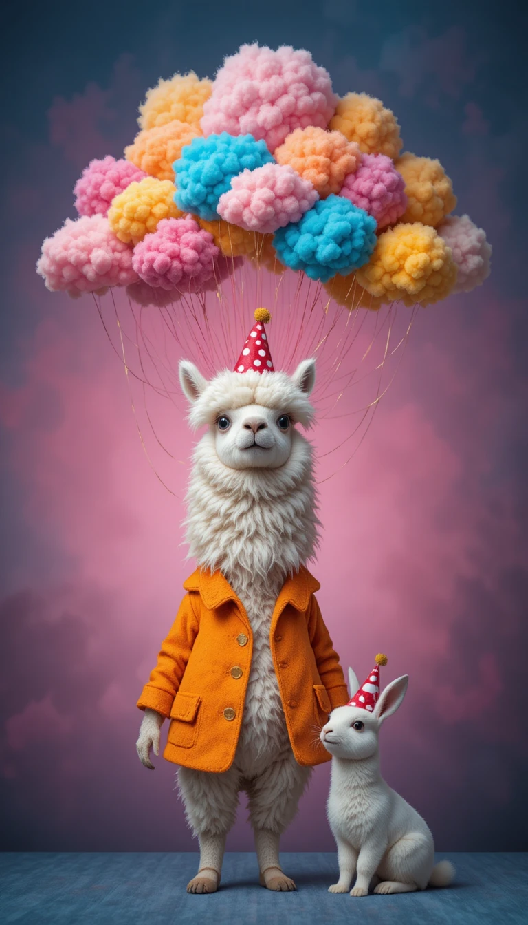 Lama bianca in abito da festa sotto nuvole colorate sospese