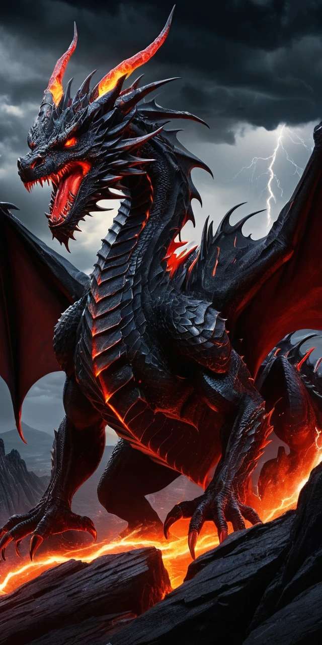 Dragão negro demoníaco em um penhasco recortado acima da lava em fusão