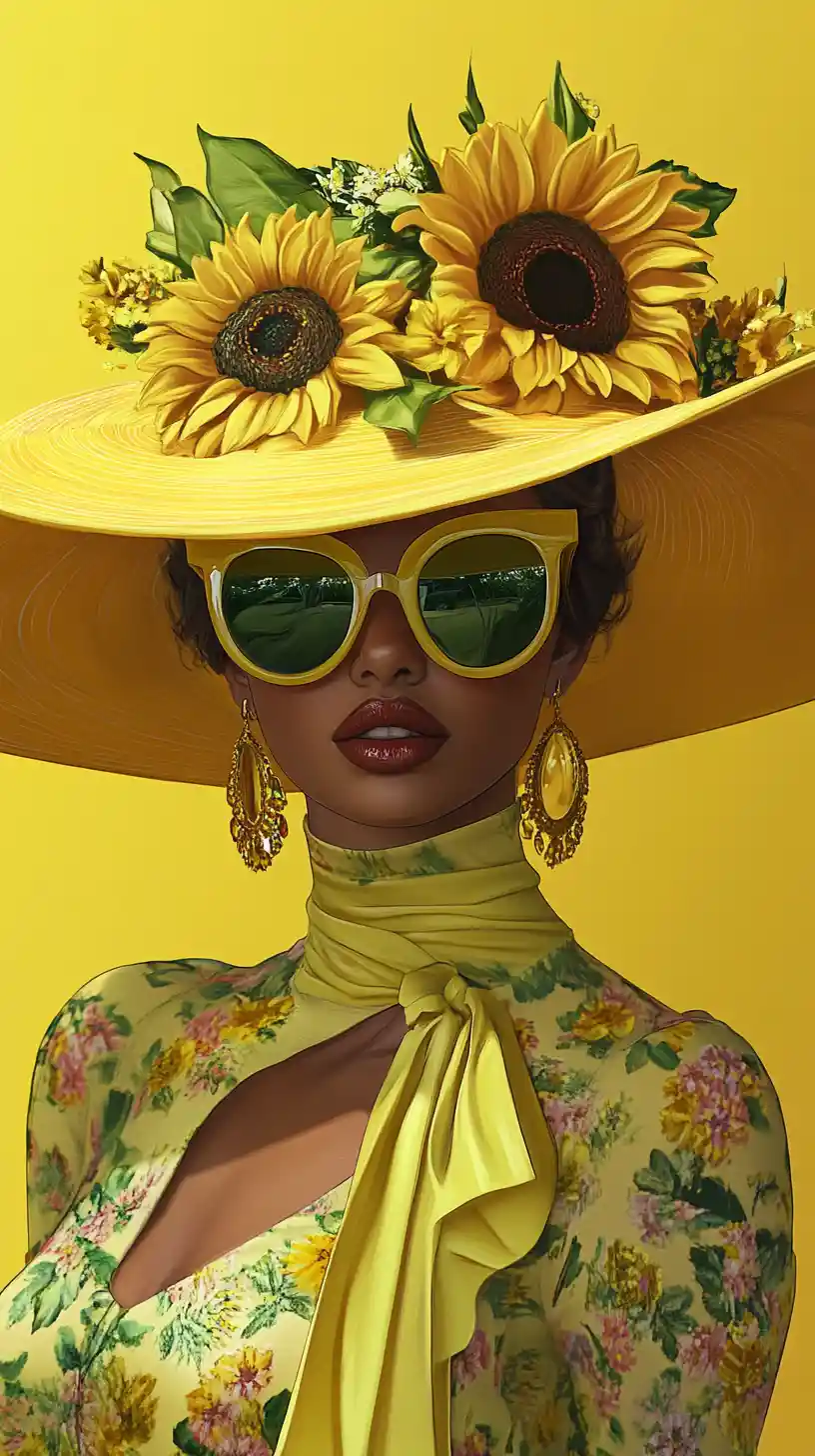 Donna elegante con cappello giallo e audace moda floreale
