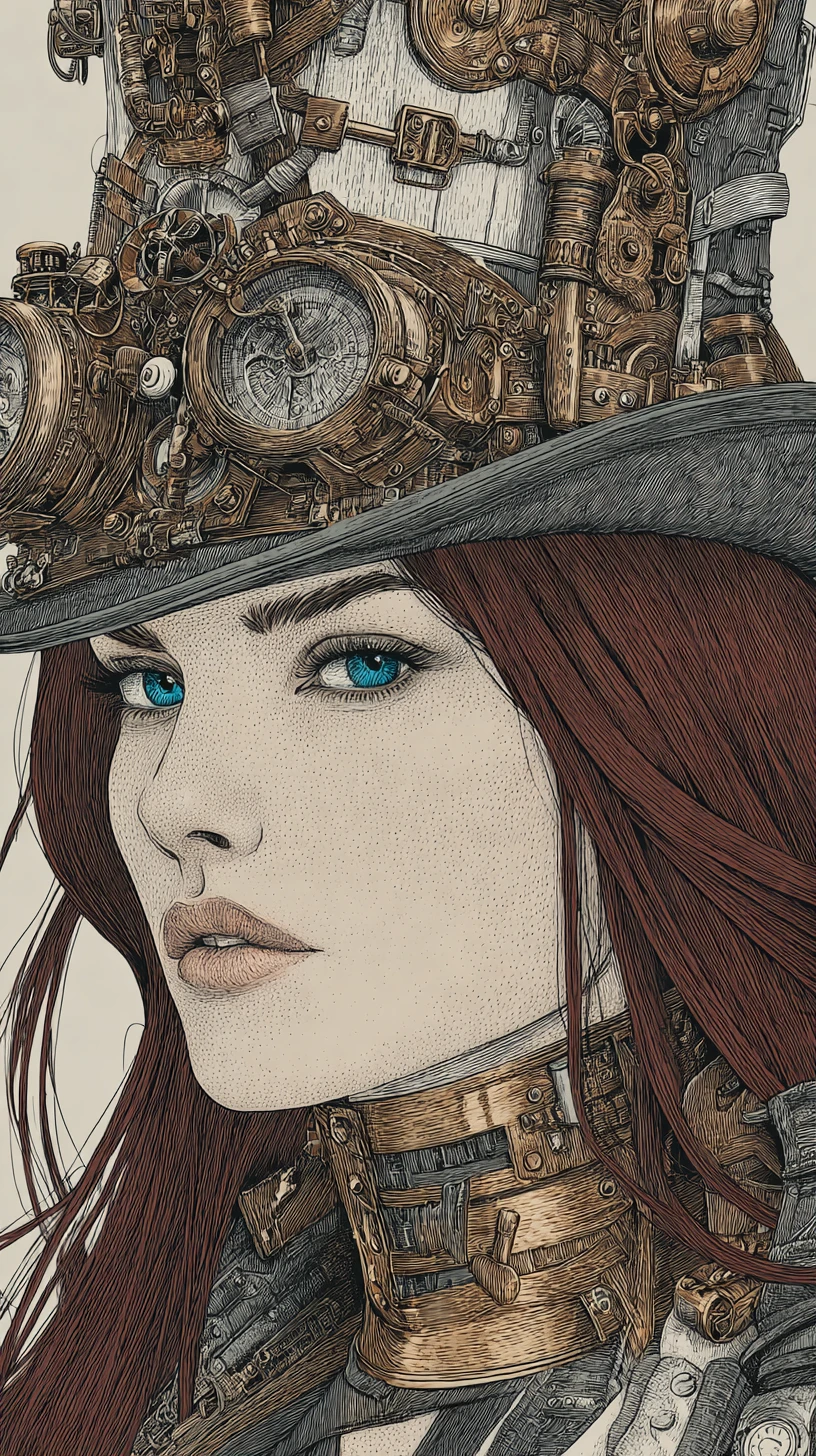 Steampunk-Frau mit mechanischem Körper und verziertem Zylinder
