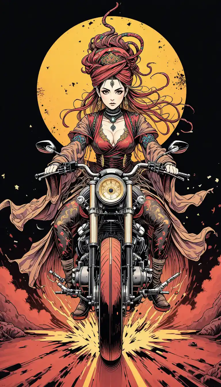 Mujer de manga a tinta conduciendo una moto custom de frente