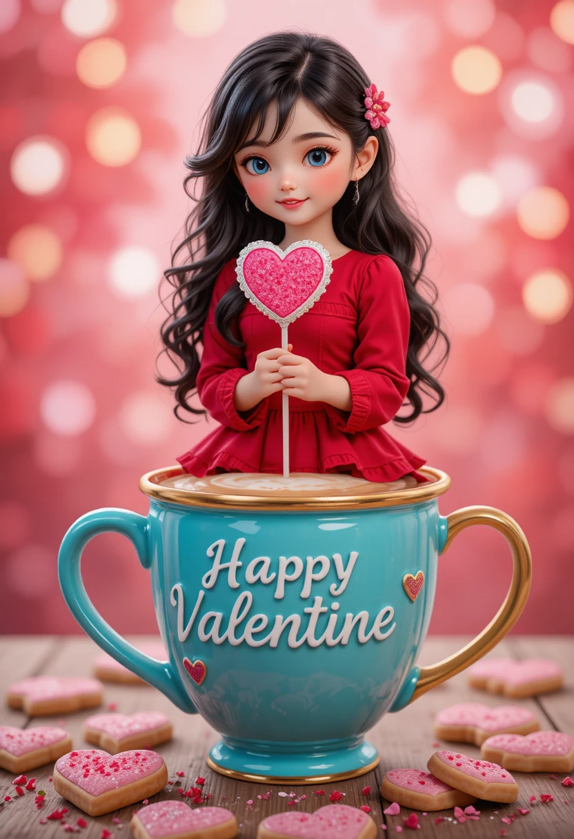 Garota chibi em caneca turquesa de Dia dos Namorados com doces
