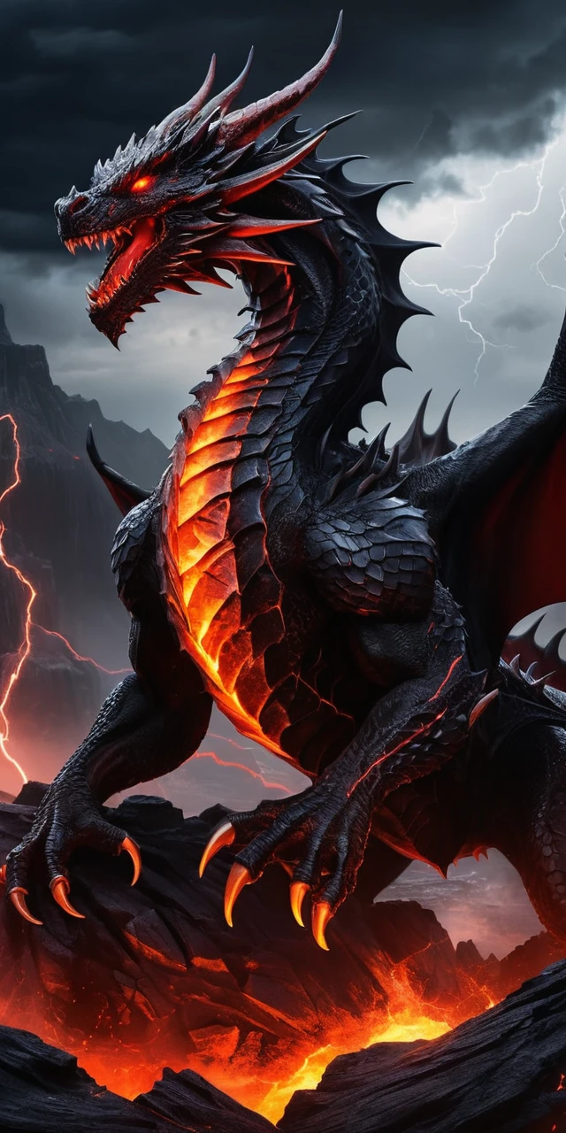 Drago nero demoniaco sopra la lava sotto un cielo tempestoso