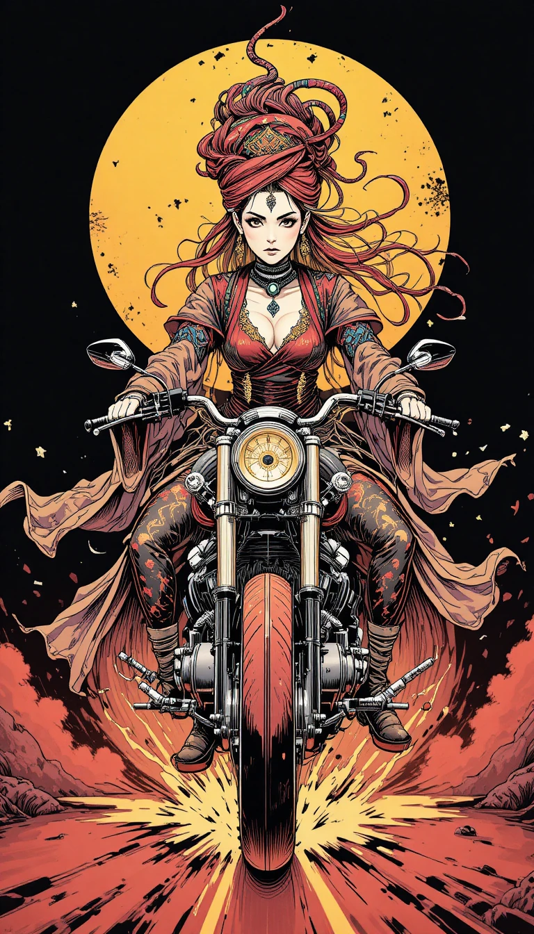 Mulher em estilo mangá a tinta pilotando moto customizada de frente