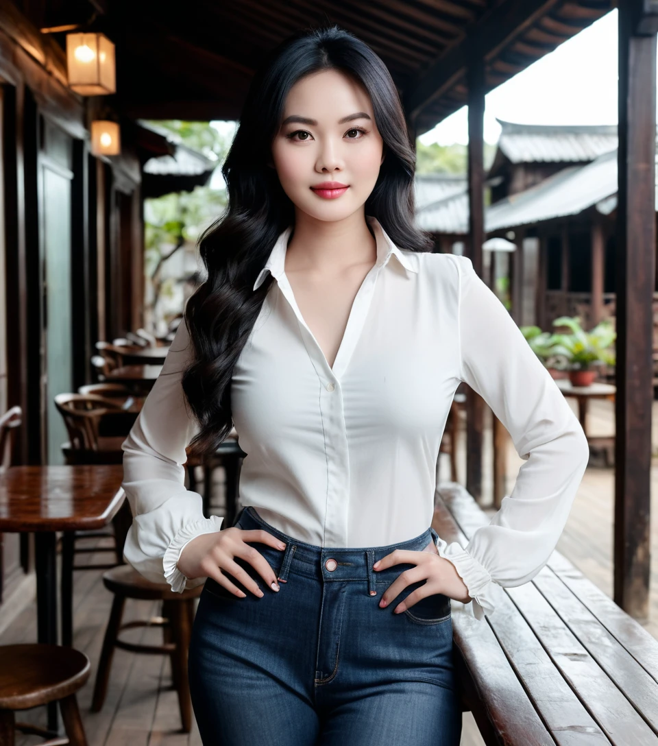 Vietnamese woman in casual fashion at rustic coffee shop