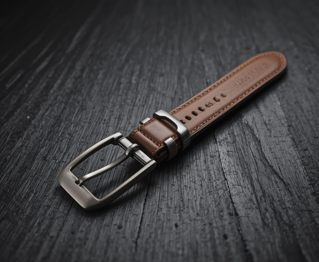 Leather belt on dark wood in minimalist product scene