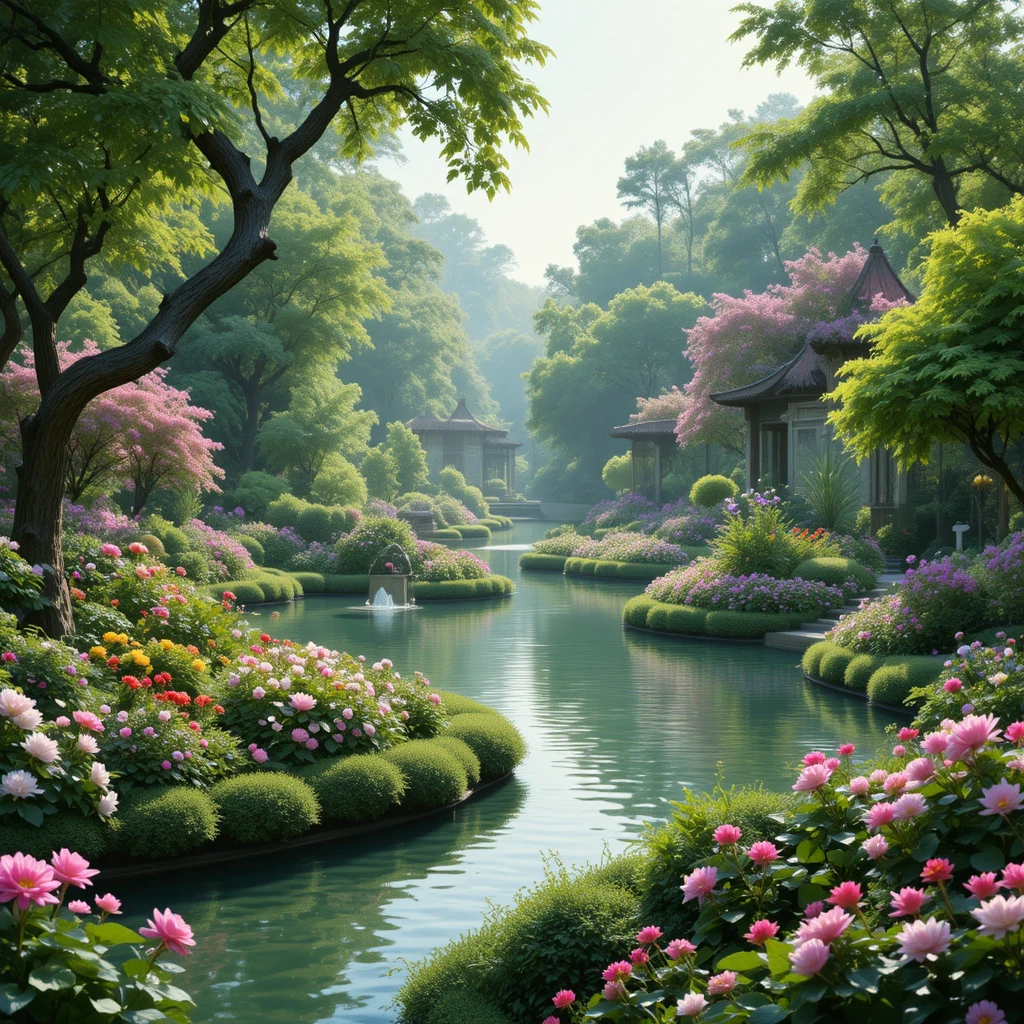 Giardino rigoglioso con fiori vivaci e acqua tranquilla