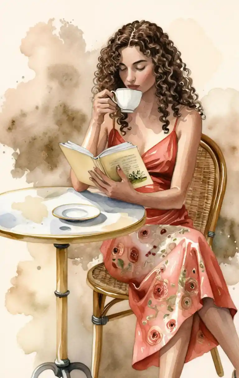 Elegant woman reading at a small cafe table watercolor