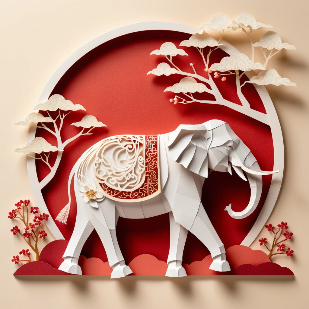 Elefante em recorte de papel para o Ano Novo Chinês em cena pastel suave