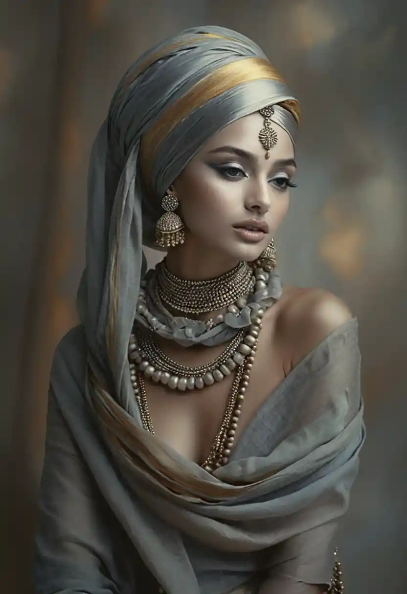 Elegant woman in turban oil portrait with serene expression