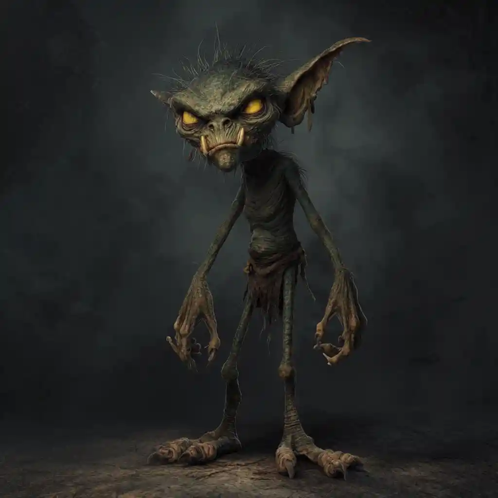 Goblin grotesco da floresta com membros retorcidos em bosques sombrios