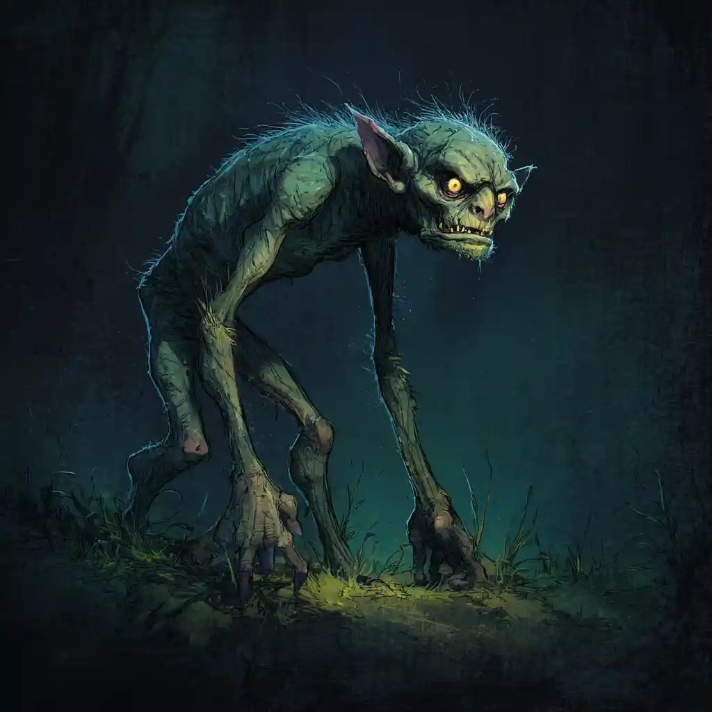 Goblin da floresta deformado com membros retorcidos e olhar cruel