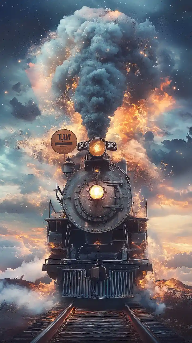 Capotreno di locomotiva a vapore fuso con i binari sotto un cielo celestiale