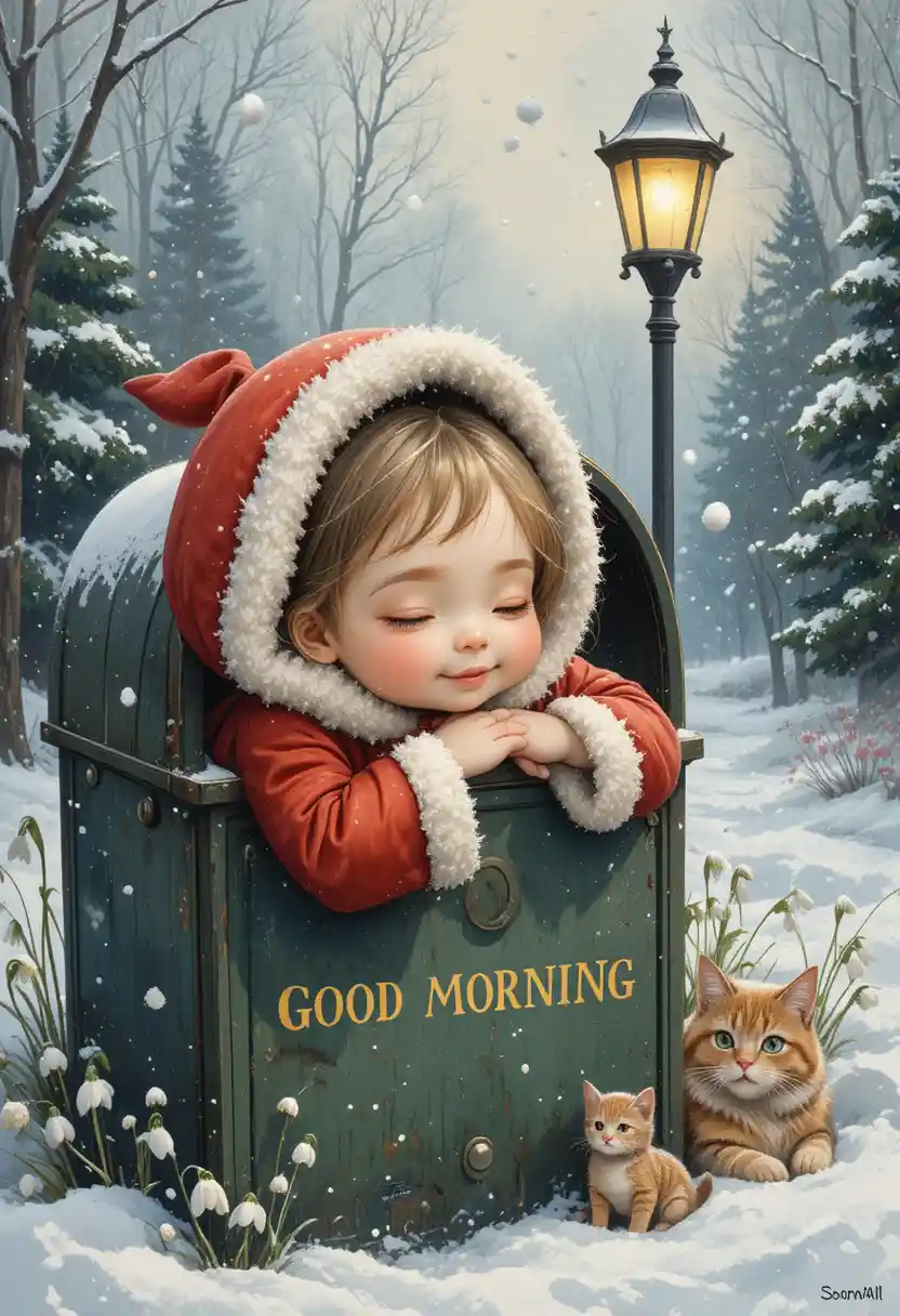 Girl In Red Coat Inside Mailbox On Snowy Day