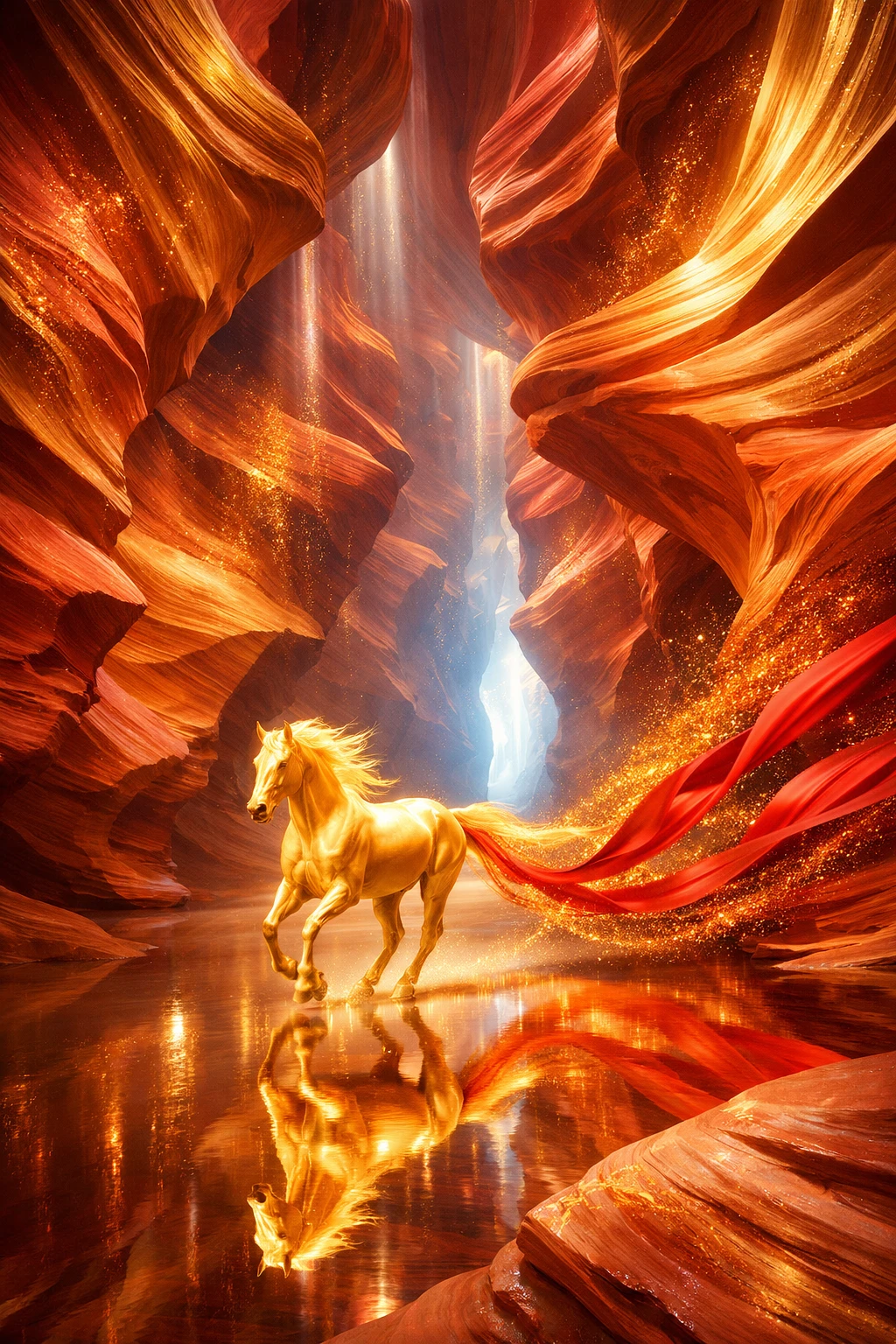 Golden horse running through luminous red canyon passage