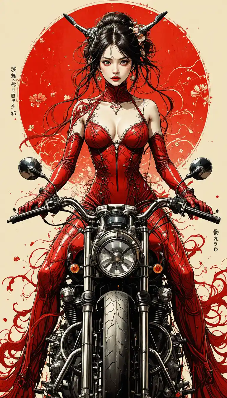 Japanische Tuscheillustration einer Frau auf einem Motorrad