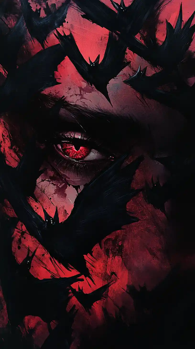 Olhos hipnóticos de vampiro se transformando em enxame de morcegos
