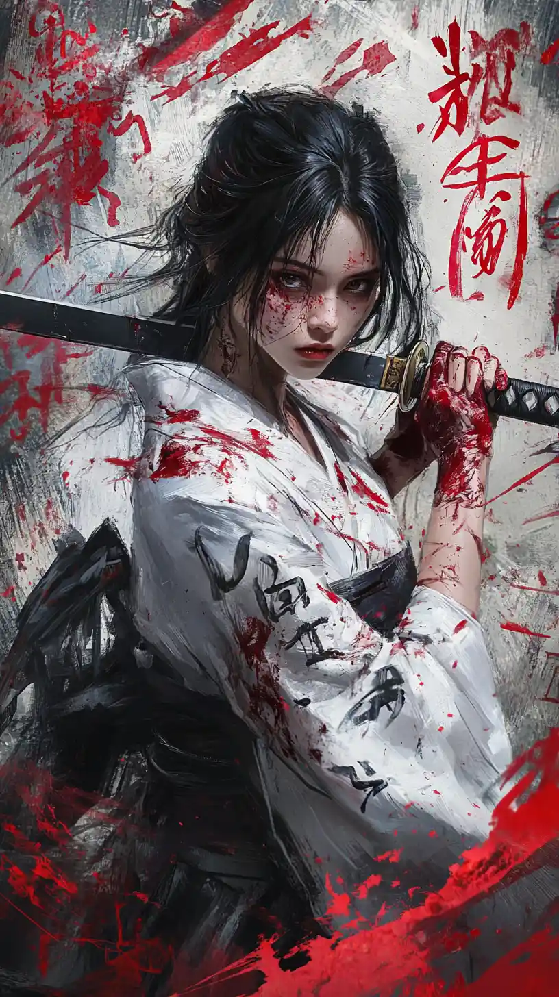 Samurai donna con katana in un kimono bianco macchiato di sangue