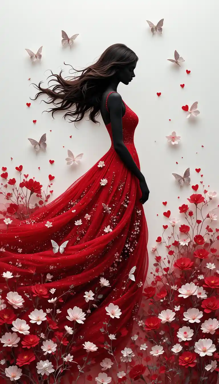 Dreamlike girl in red dress with hearts and butterflies