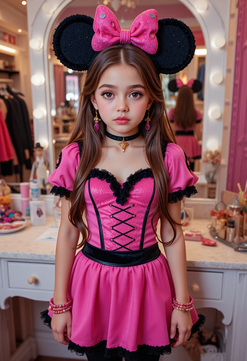 Garoto pré-adolescente nervoso com fantasia da Minnie Mouse em penteadeira de boutique