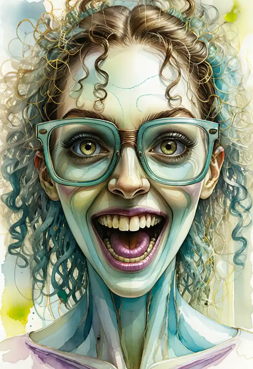 Surreal scribble faced woman with cracked teal glasses grin