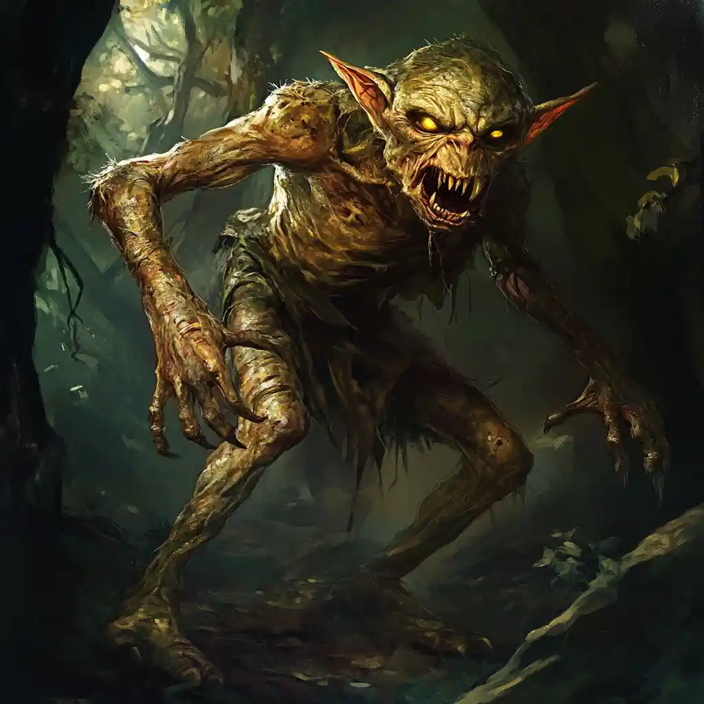 Goblin grotesco da floresta com corpo retorcido e garras
