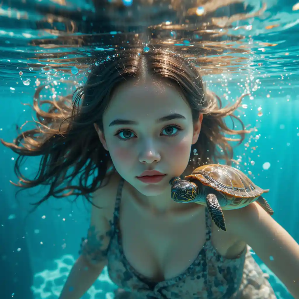 Young girl swimming in clear water beside a small turtle
