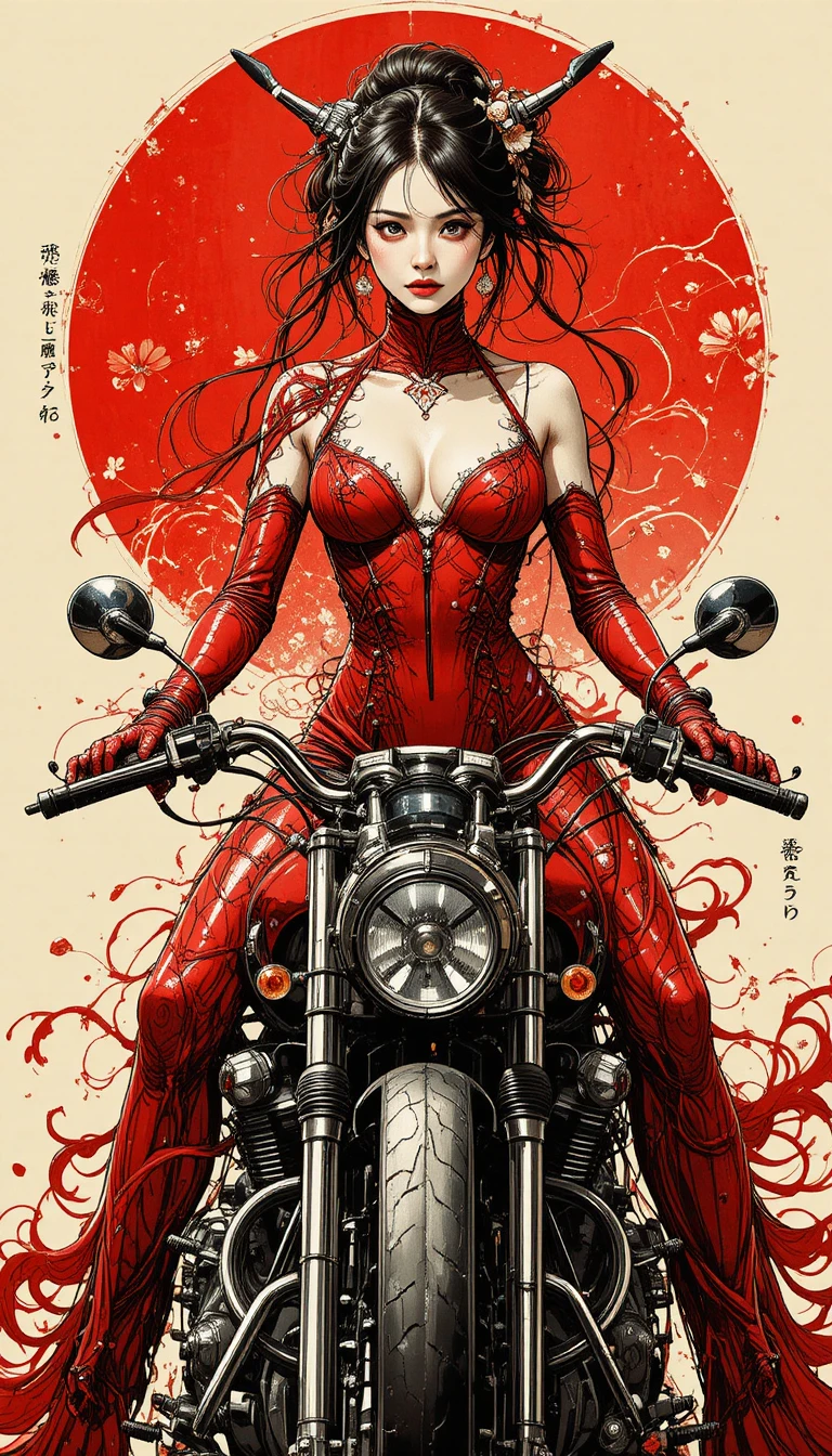 Ilustração em tinta japonesa de uma mulher em uma motocicleta