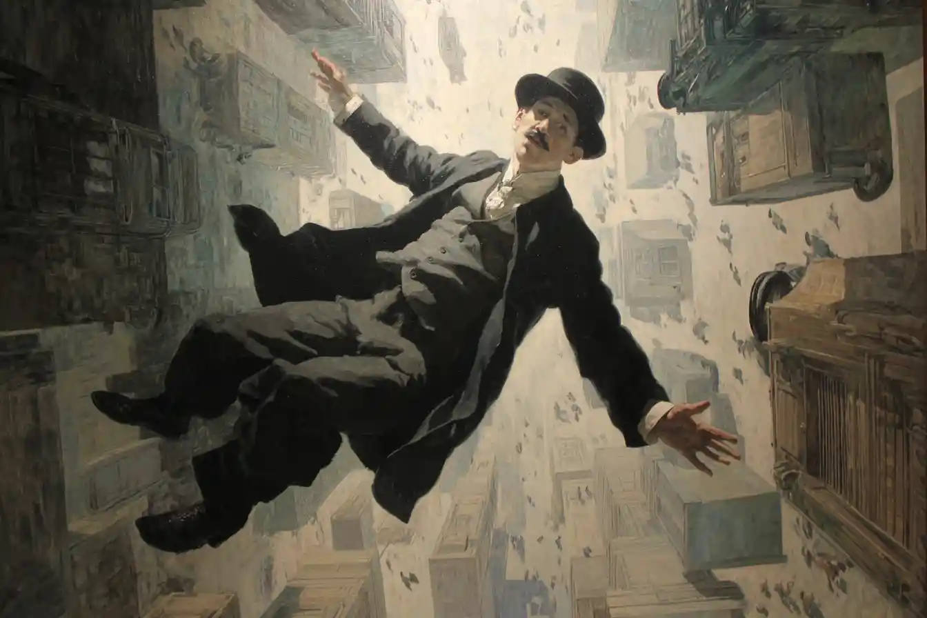 Homem dinâmico em movimento entre linhas e sombras urbanas