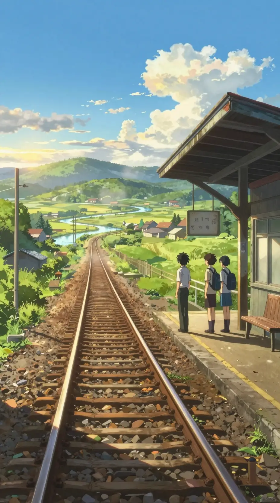 Student waiting on rural train platform at golden hour