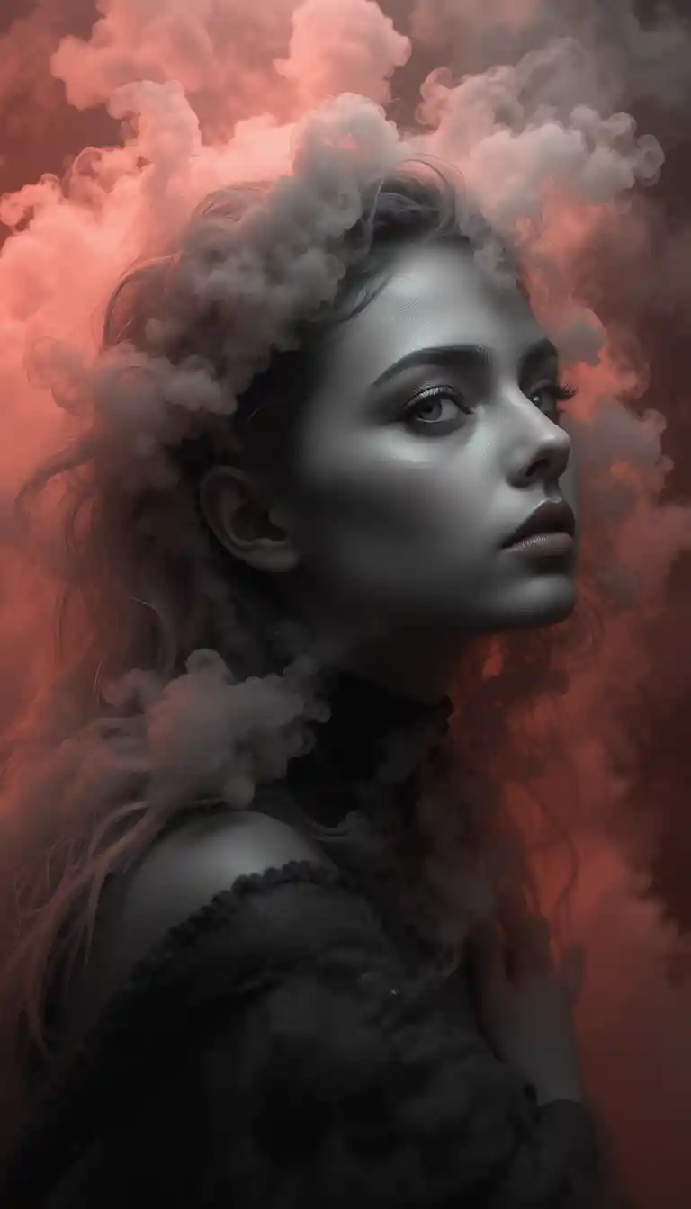 Realistic close up face emerging from dense studio fog