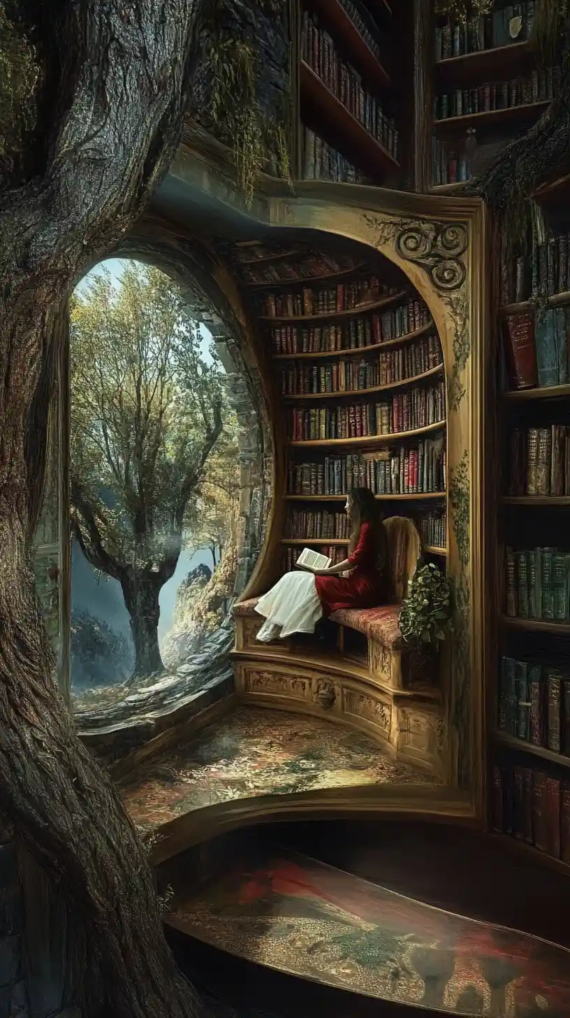 Surreal fairytale reading nook formed from an open book