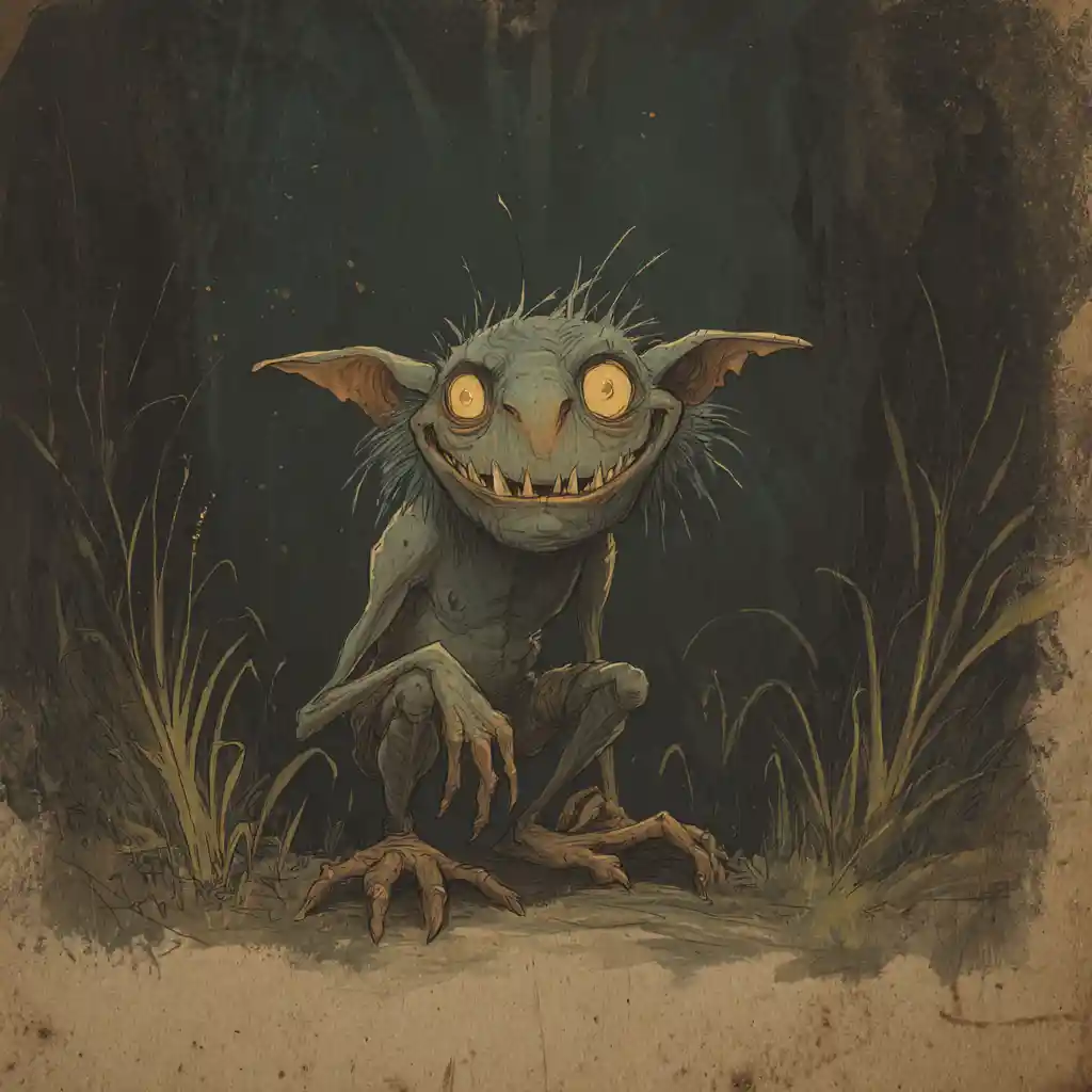 Goblin de Floresta Grotesco com Corpo Retorcido em Bosque Sombrio