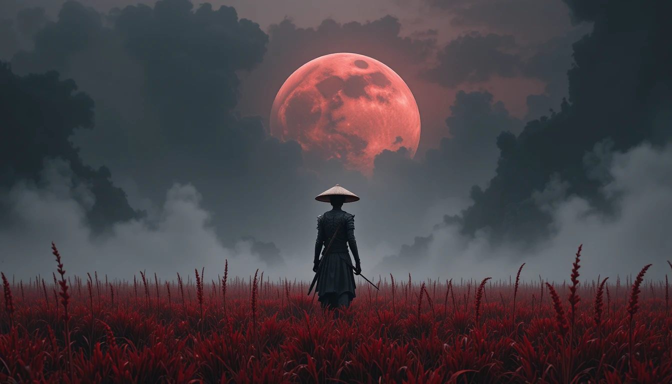 血月之下紅草原中的孤獨骷髏武士