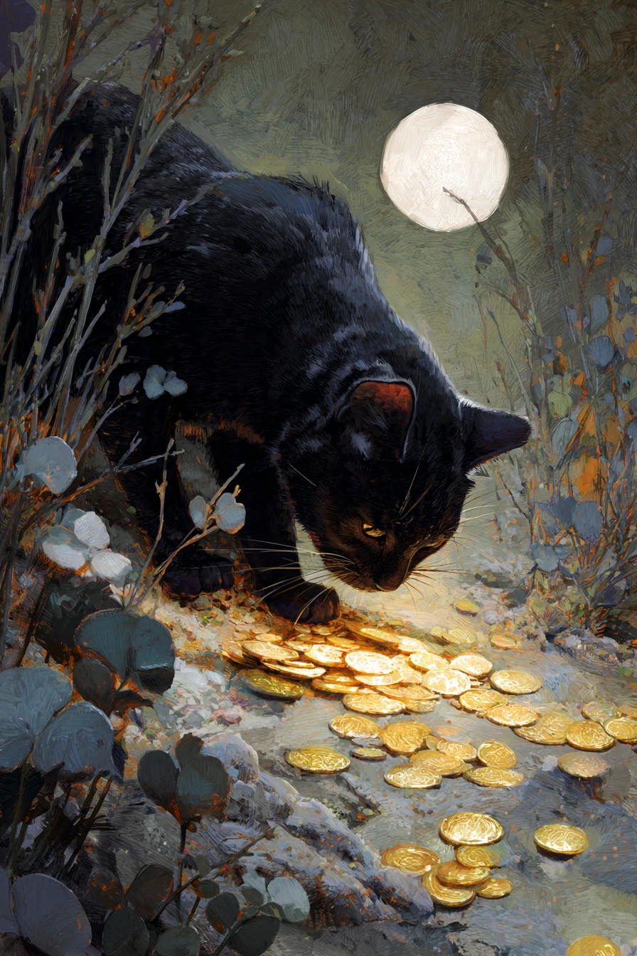 Golden tear falling from the moon into a waiting cat paw