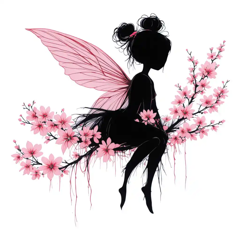 Minimalistische Feensilhouette mit rosa Kirschblütenflügeln