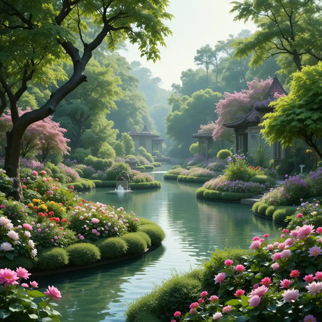 色鮮やかな花と静かな水が広がる豊かな庭園風景