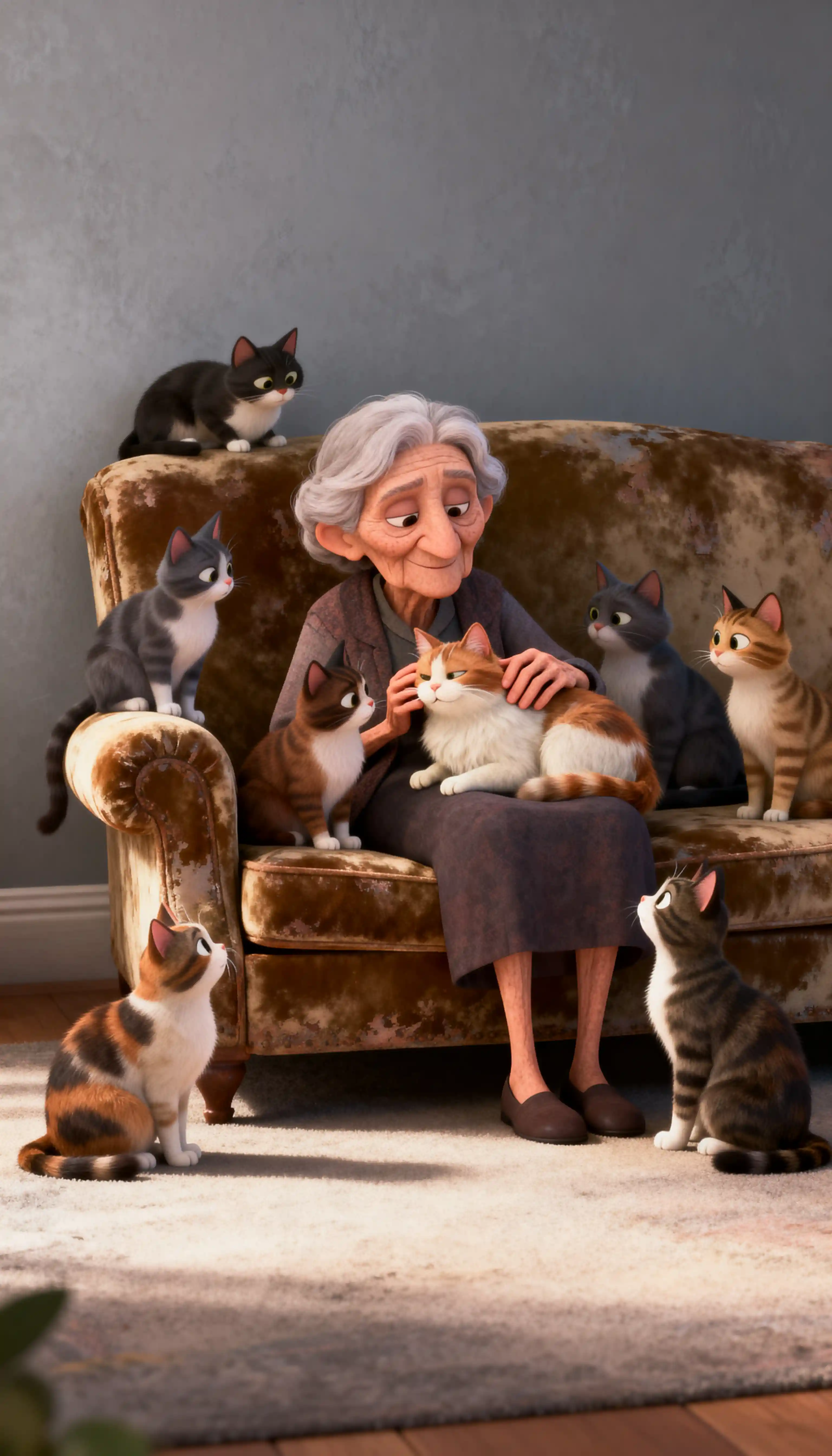 Ältere Frau auf dem Sofa, umgeben von liebevollen Katzen im Pixar-Stil