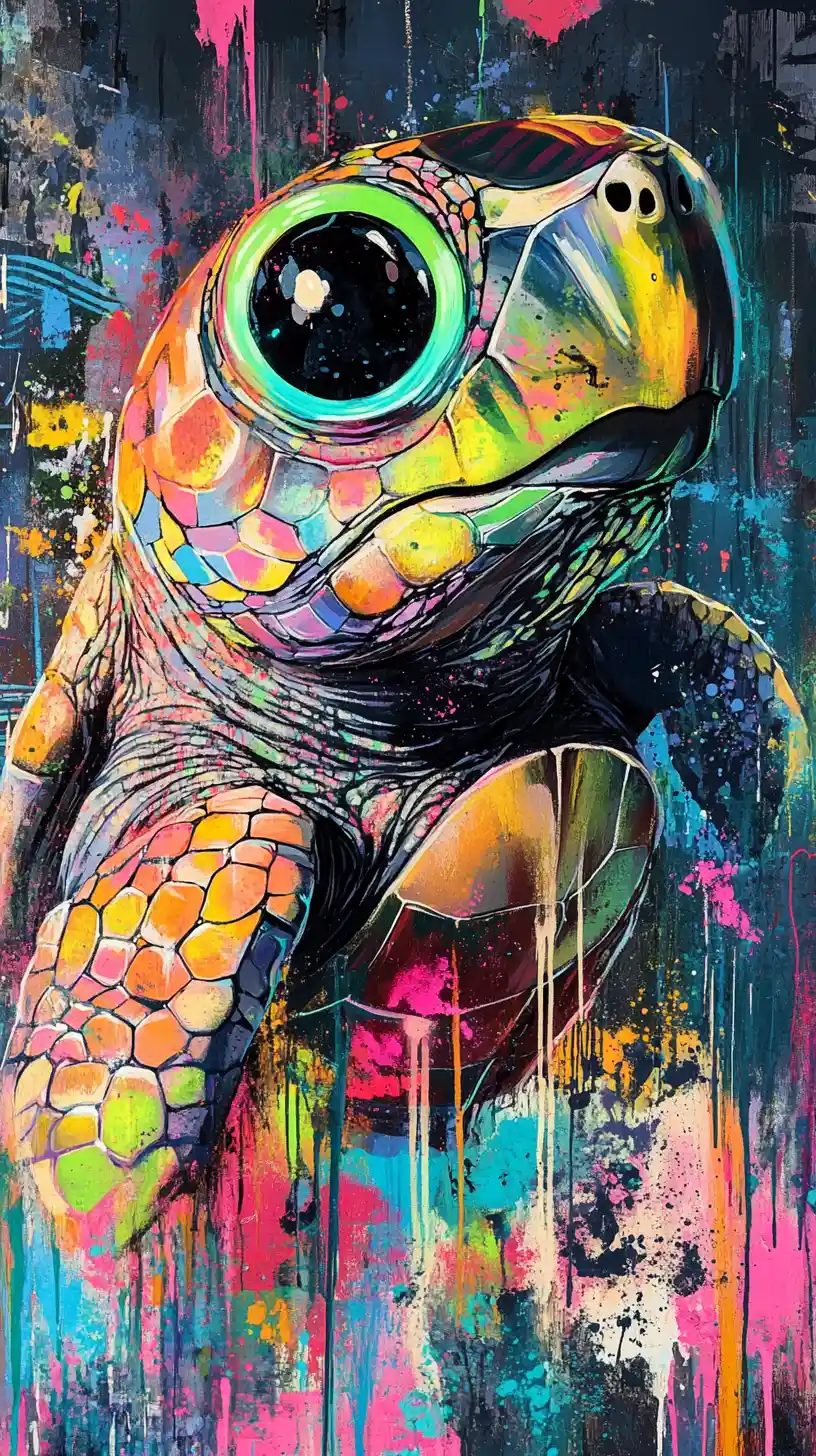 Ritratto Surreale di Tartaruga al Neon in Graffiti con Occhio Luminoso