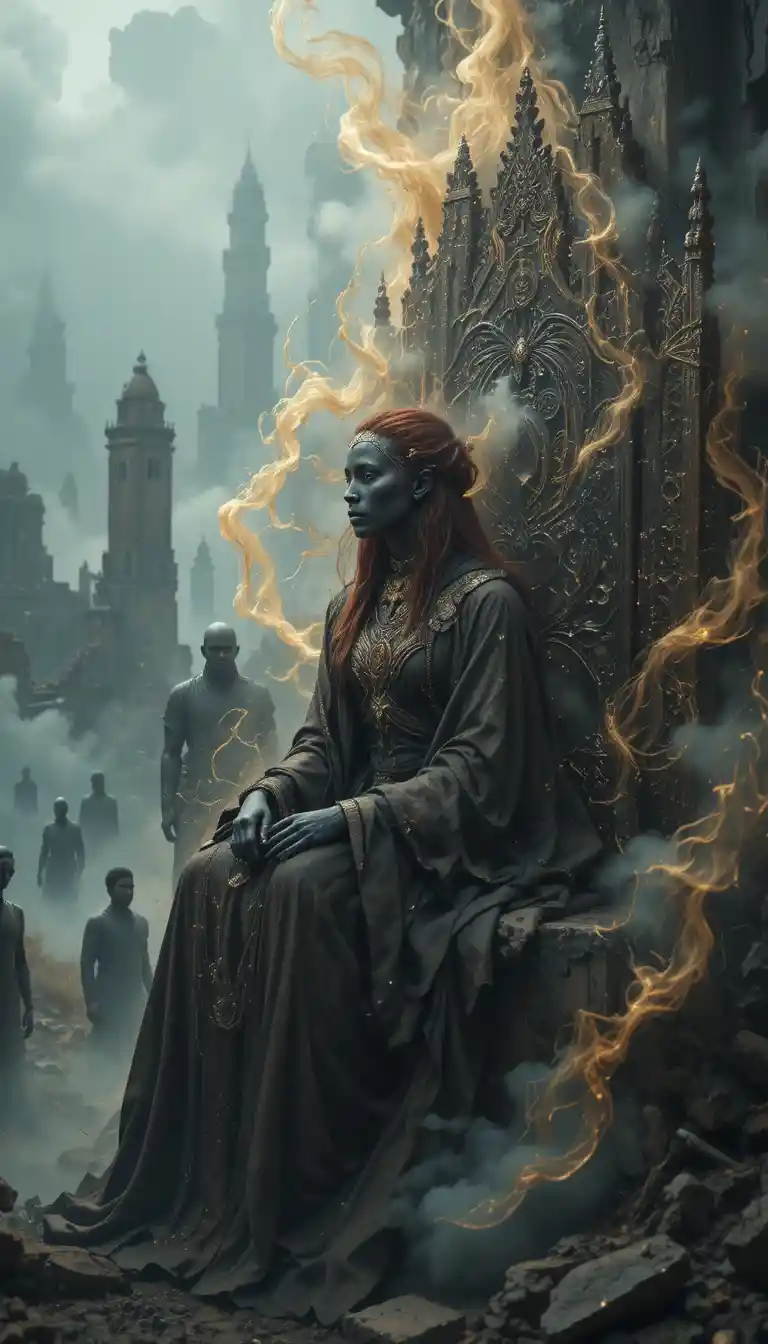 Haunting skeletal black queen on a crumbling obsidian throne