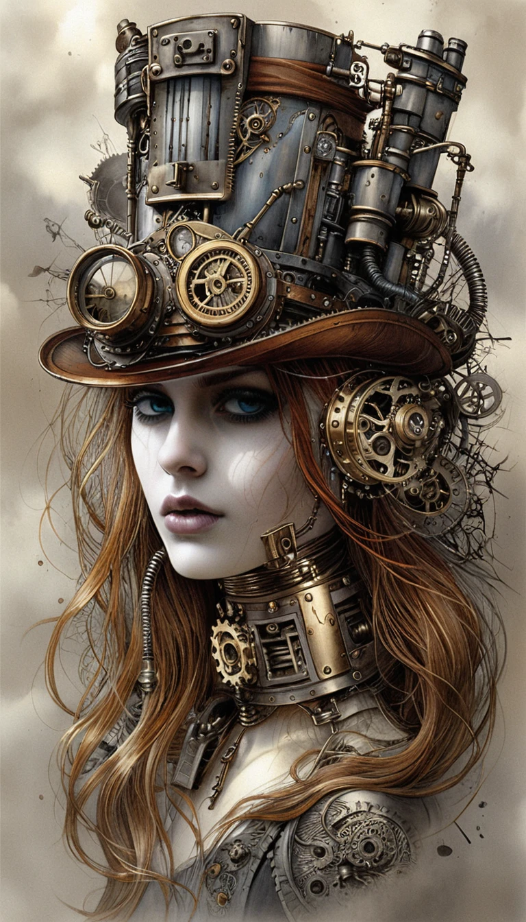 Donna steampunk con corpo meccanico e cilindro decorato
