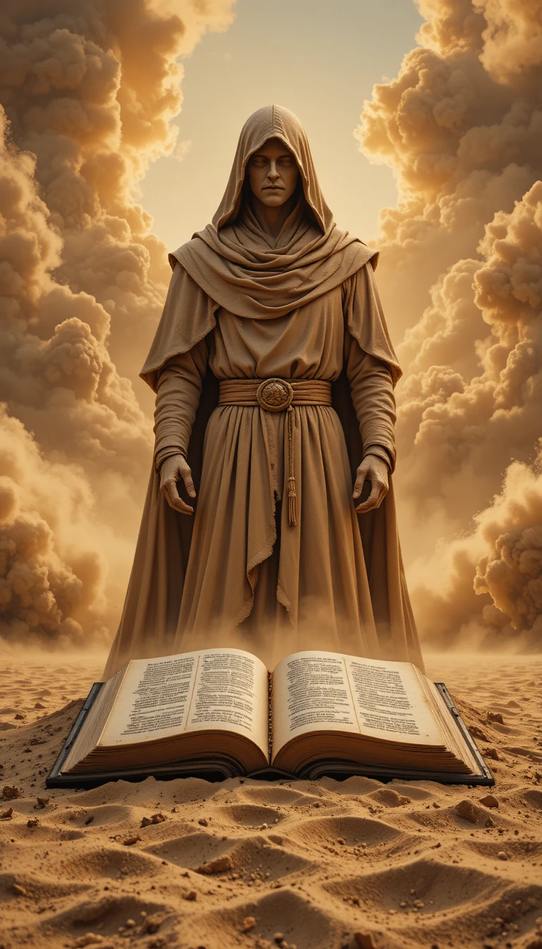 Vermummte Sandstatue vor einer alten Bibel im Sturm