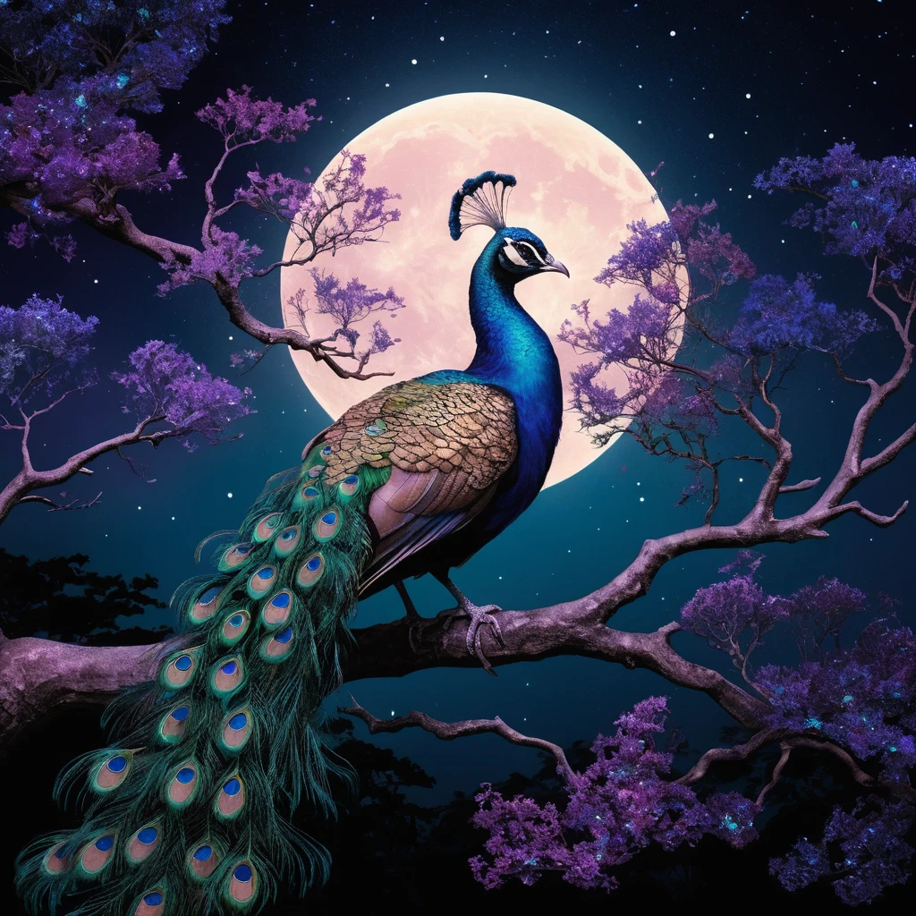 Pavão iridescente em uma árvore escura sob a lua
