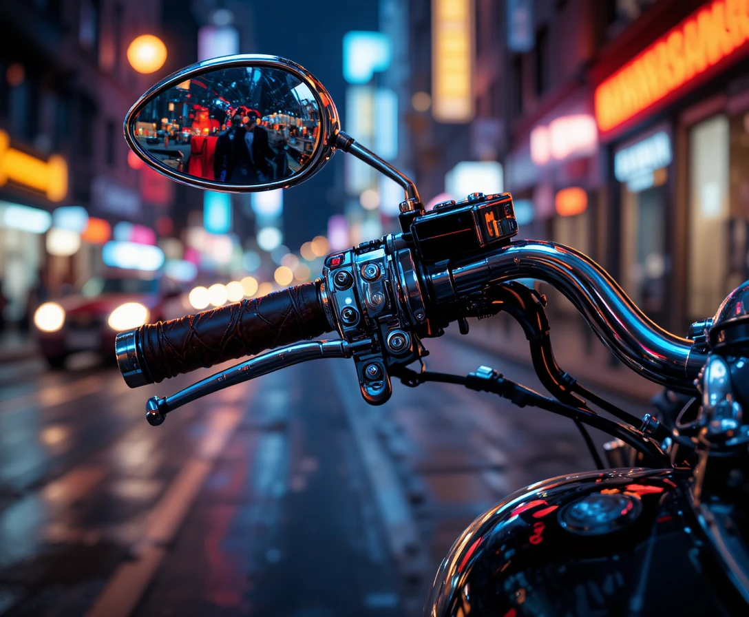 Guidão de moto cromado brilhando sob luzes de néon urbanas