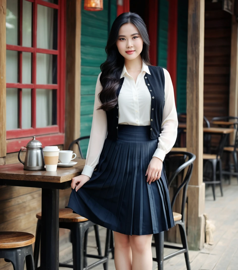 Vietnamese woman in pleated skirt at rustic coffee bar