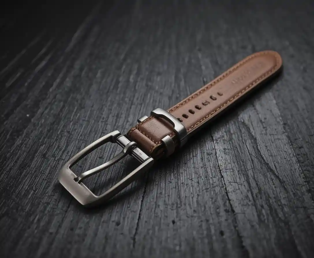 Leather belt on dark wood in minimalist product scene